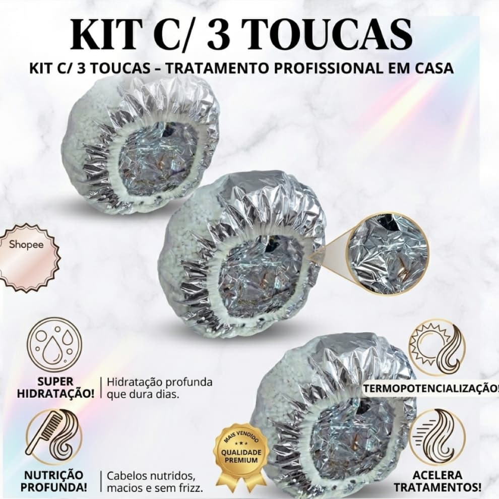 KIT COM 3 TOUCAS DE ISOPOR METALIZADA PARA HIDRATAÇÃO – TRATAMENTO PROFISSIONAL EM CASA