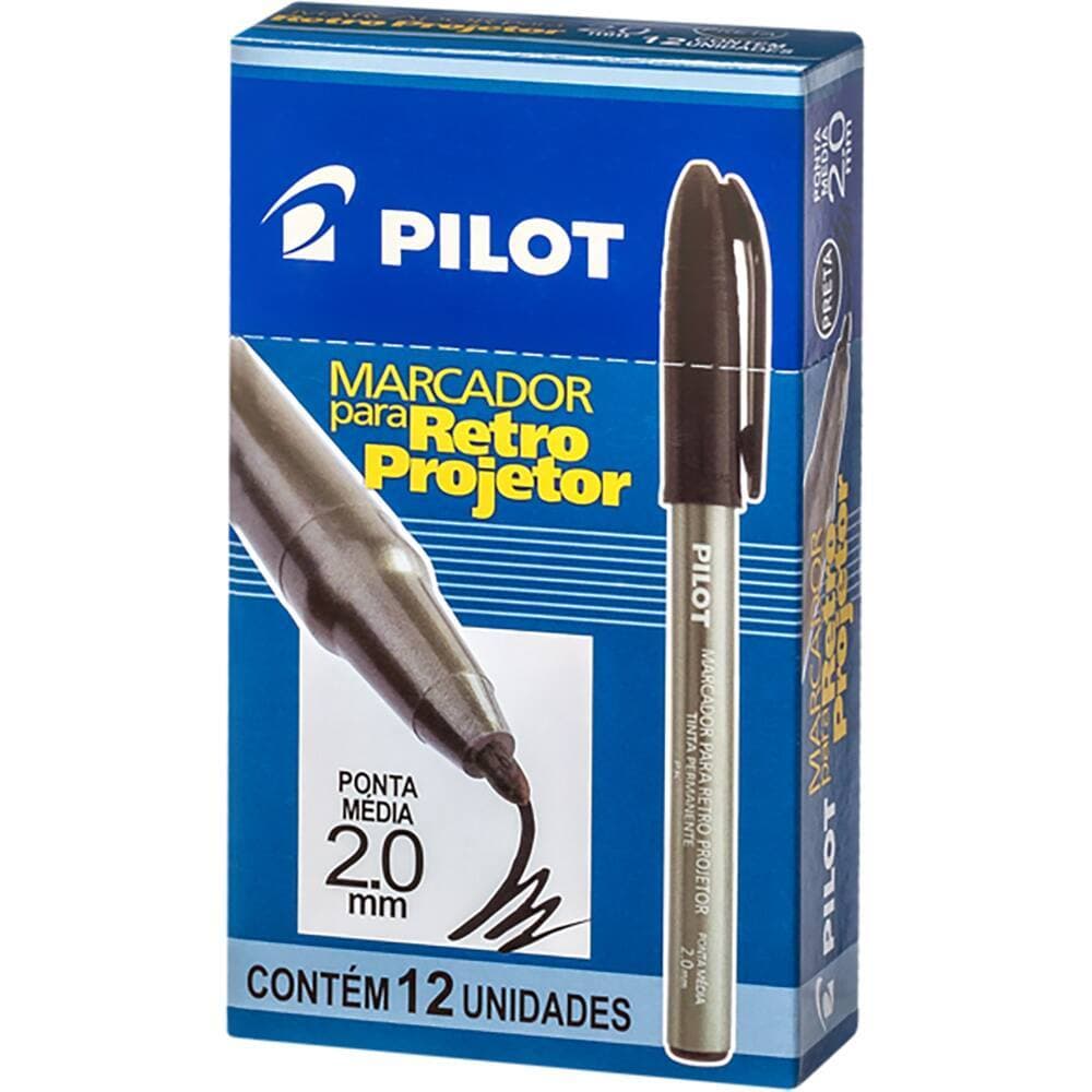 Pincel Marcador Retroprojetor Pilot 2.0mm Preto Caixa 12 Unidades Caneta Retro Projetor Ponta Media