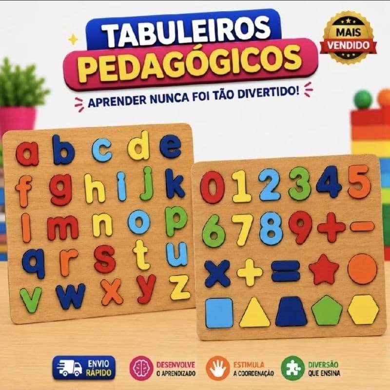 Kit 2 Tabuleiro Quebra Cabeça Educativo Pedagógico Montessori Alfabeto Matemática Números Encaixe Formas Geométricas
