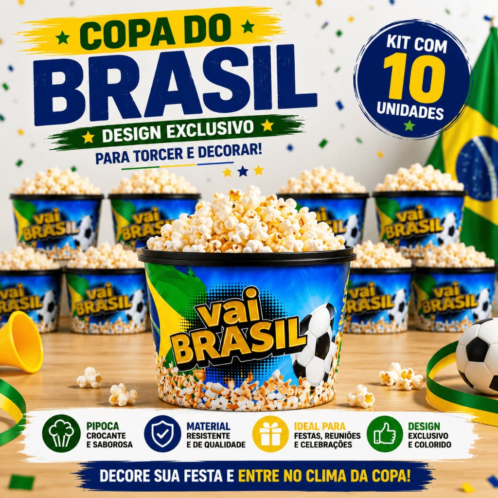 Kit 2,5 e 10 Pote Pipoca Copa Brasil | Decoração, Lembrancinha e Festa Futebol