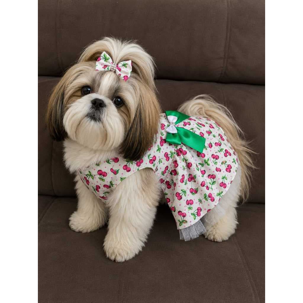Roupinha De Cachorro Vestido De Cerejinha Para Cães  Roupas Pets  Com Laço De Cetim