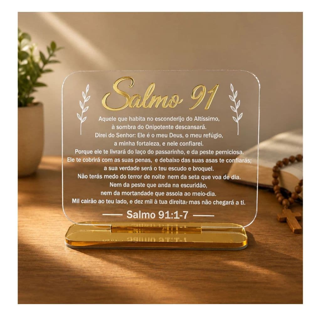 Placa de Mesa Oração Salmo 91 Decoração em Acrílico Proteção Igreja 17x14cm gravação a laser