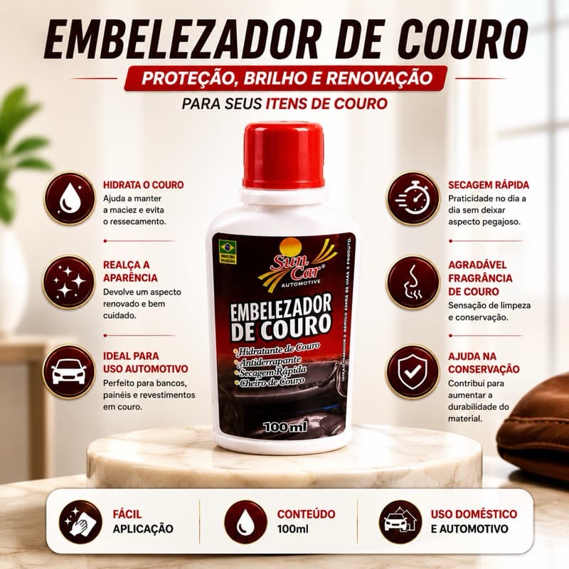 EMBELEZADOR DE COURO 100ML HIDRATANTE E PROTETOR PARA BANCOS, SOFÁS, BOLSAS E JAQUETAS