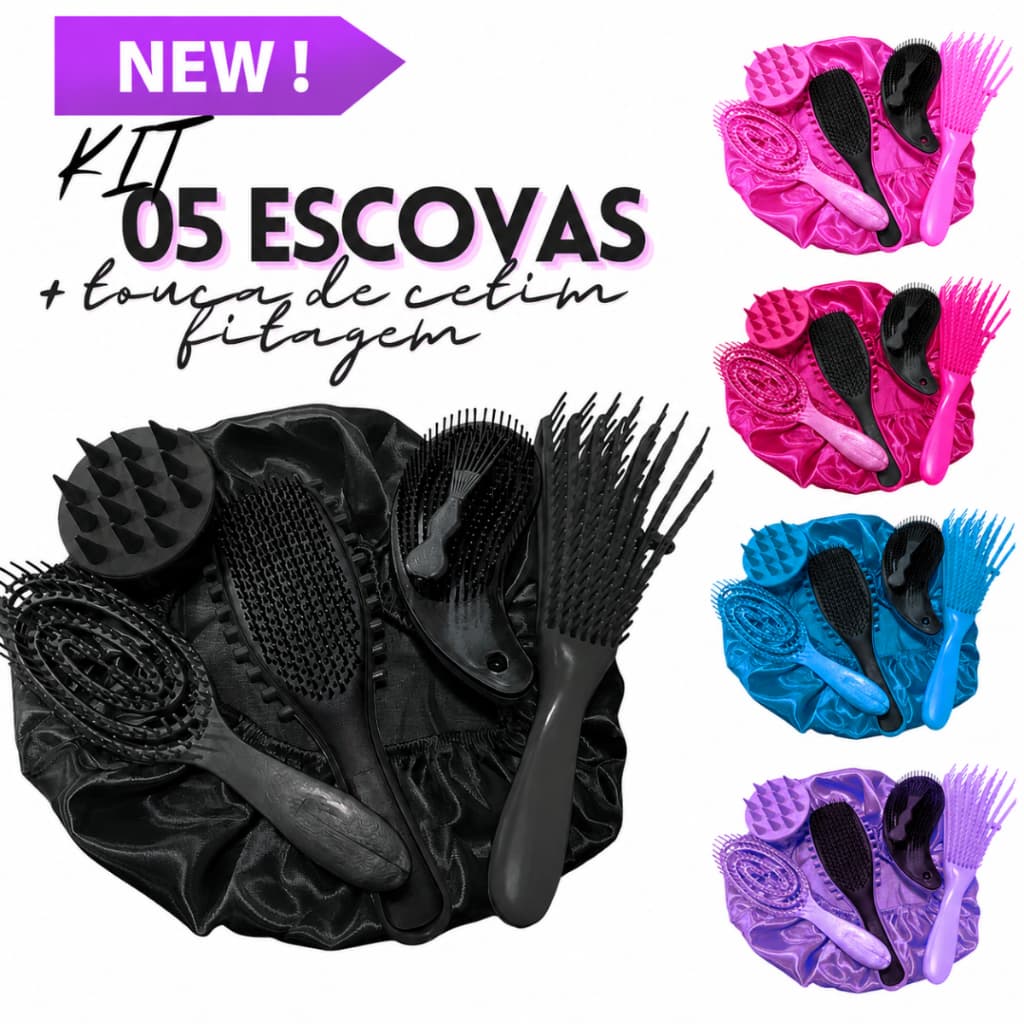 Kit 06 Peças Escova Onda com Touca de Cetim e Massageador Capilar