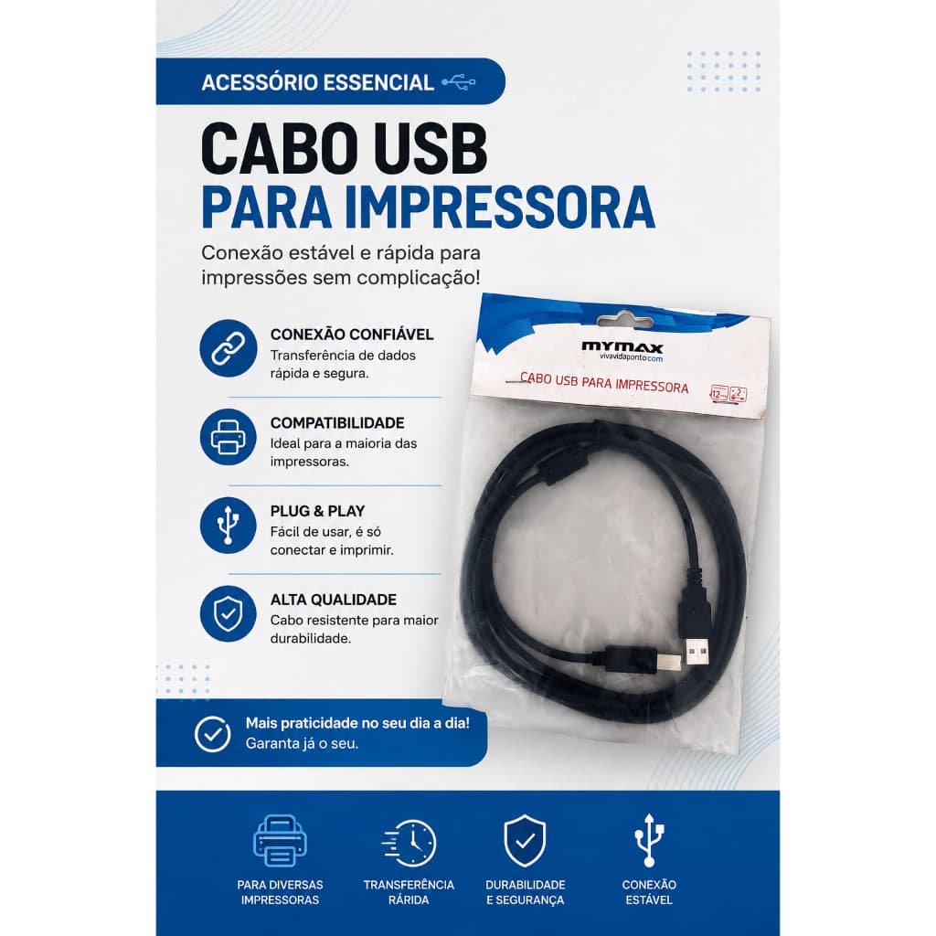Cabo para Impressora Conexão USB1 x USB B 2,00 metros - preto