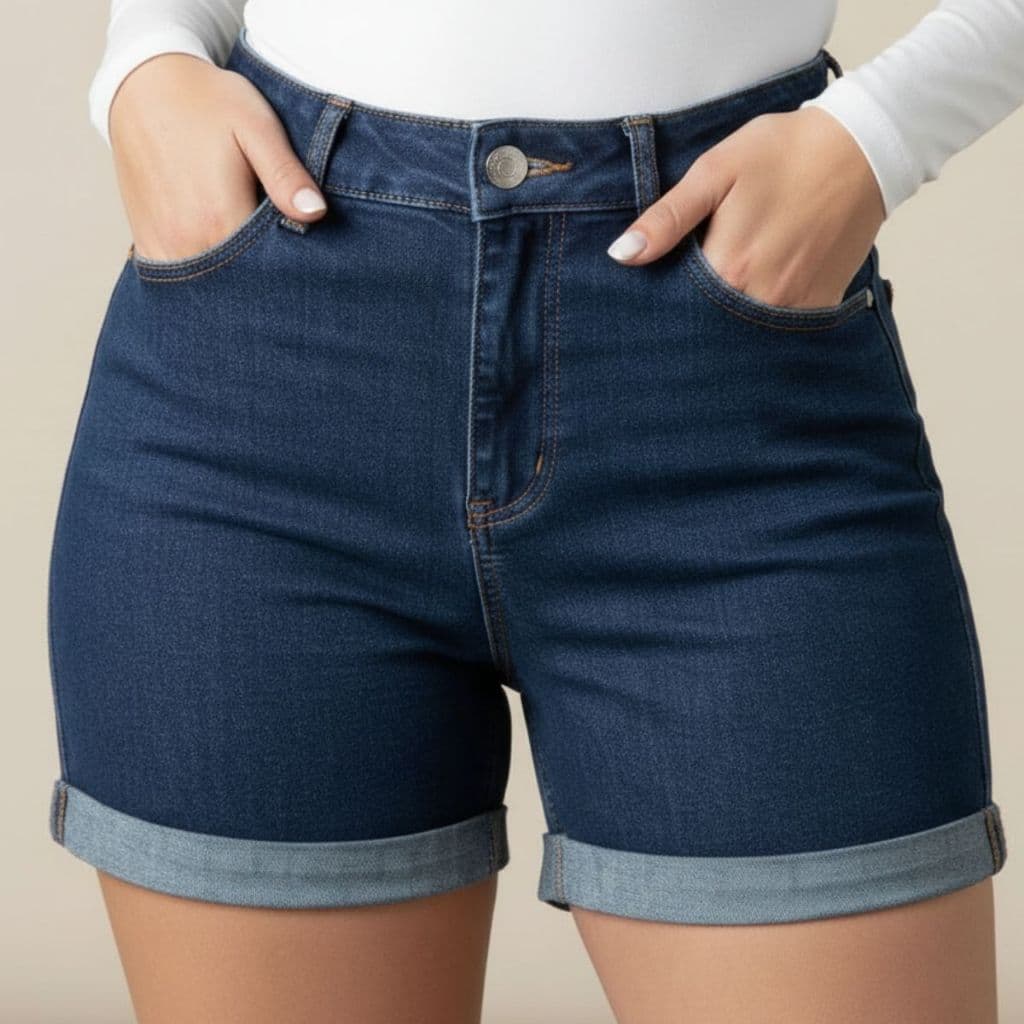 Short Jeans Feminino Cintura Alta com Elastano Stretch Confortável Modelador Escuro