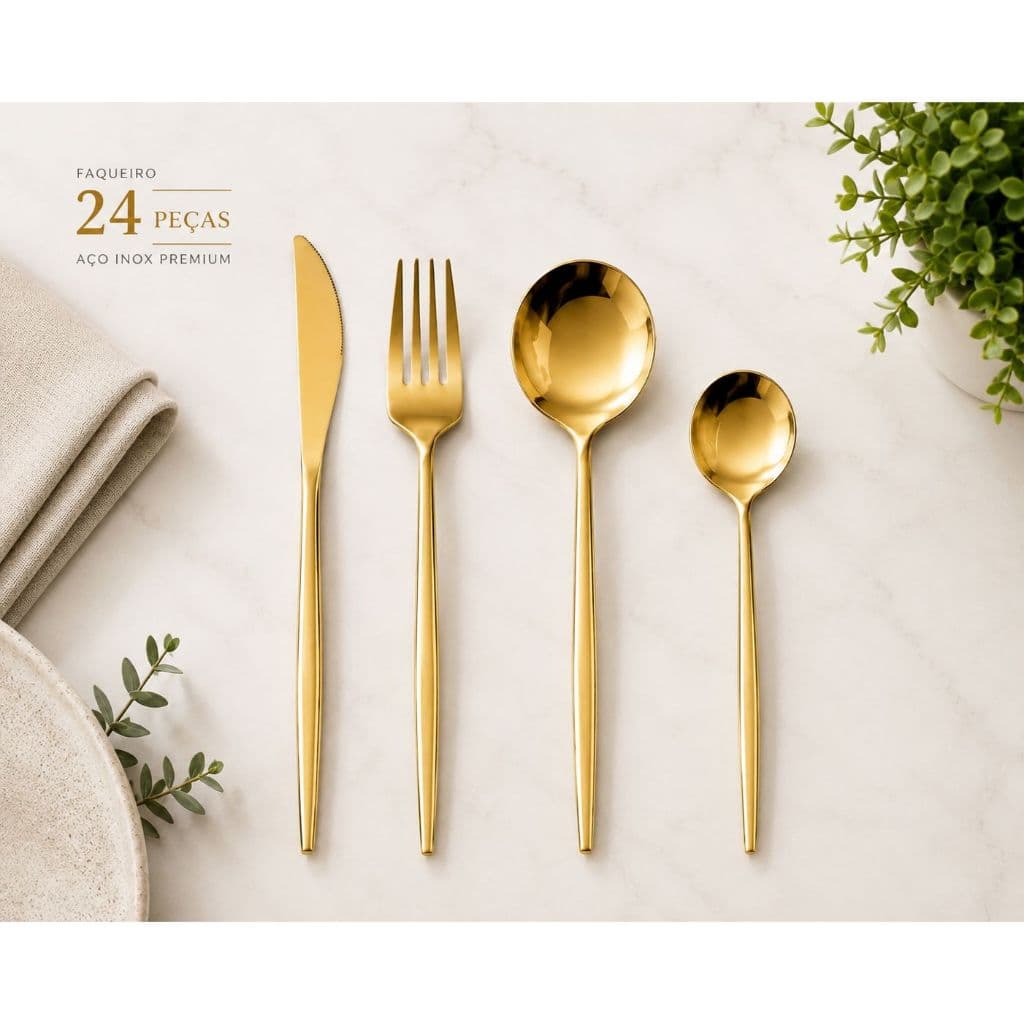 Faqueiro Aço Inox 24 Peças Premium Jogo De Talheres Dourado Garfo Faca Colher Mesa Posta Cozinha
