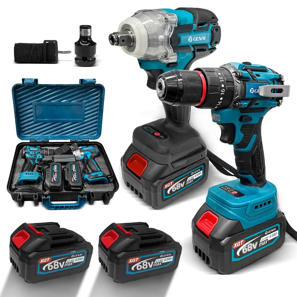 Kit de Chave de Impacto + Furadeira de Impacto Sem Escova  68V Portátil Recarregável com 2 Baterias
