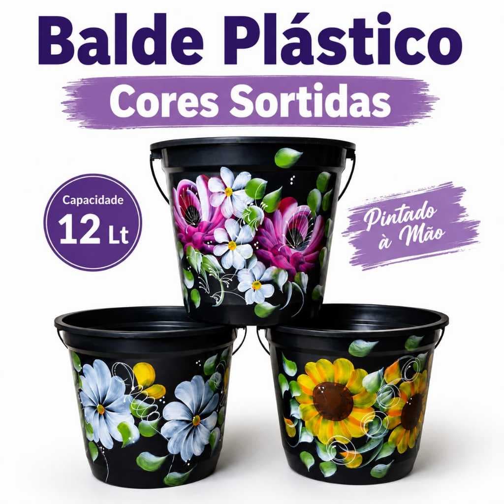 Balde Plástico Alça 12 Litros Reforçado Limpeza Multiuso Lavanderia Decorado Artesanal Pintura  Mão