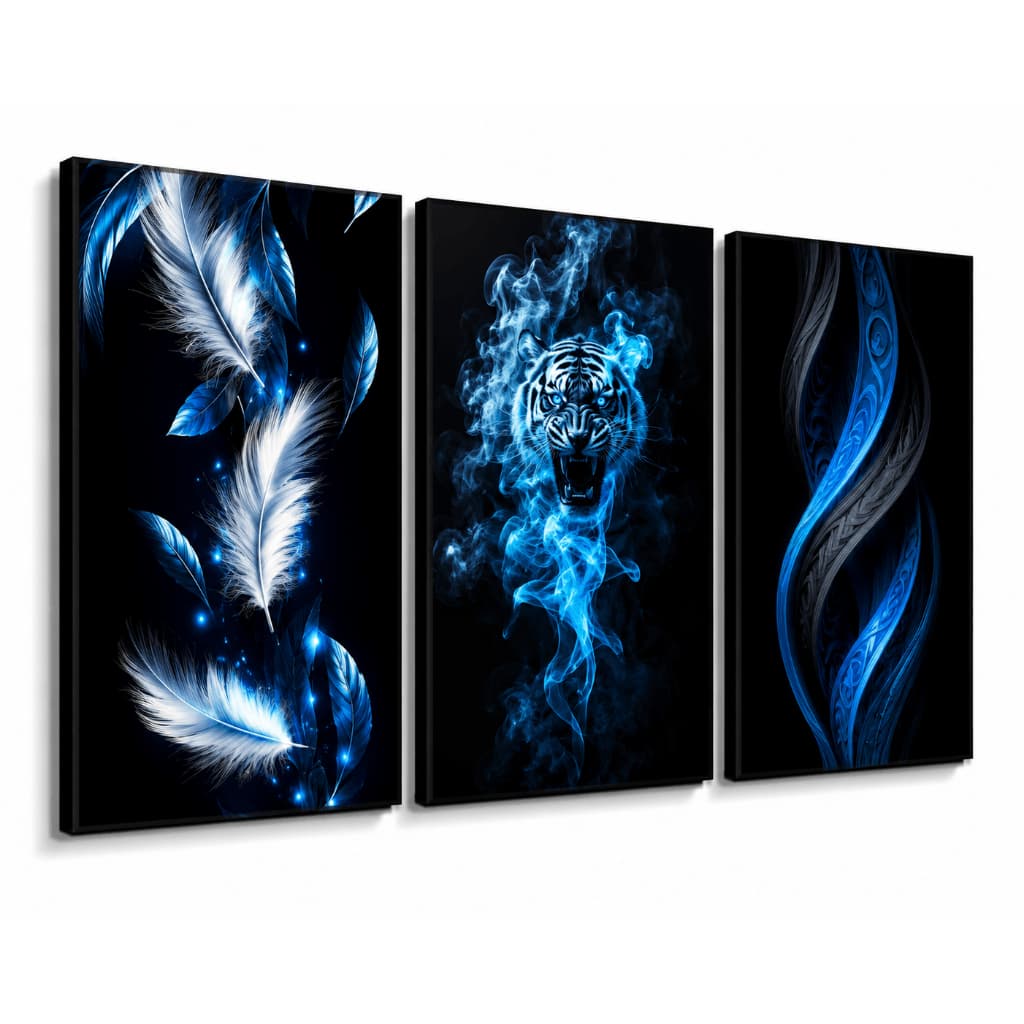 Quadro Decorativo Mosaico 3 Peças Tigre Azul E Penas Moderno Luxuoso Para Sala E Quarto