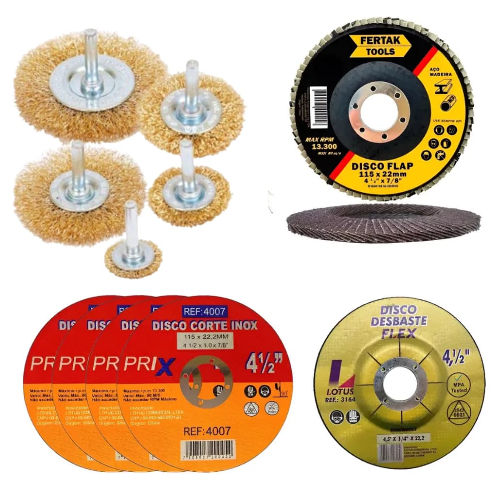 Kit Escova de Aço, Disco Flap, Disco de Corte Inox, Disco de Desbaste - P Metal Uso em Serralherias