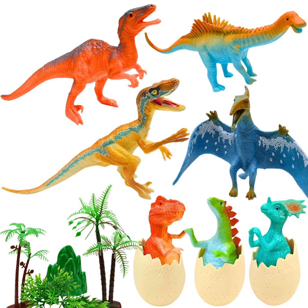 Kit 7 Dinossauro Brinquedo C/ Ovos Filhotes de Dinossauro Borracha Realista Coleção Presente Criança