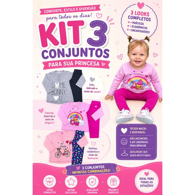 KIT COM 3 CONJUNTOS FEMININO INFANTIL DE INVERNO TAMANHO 1 ANO