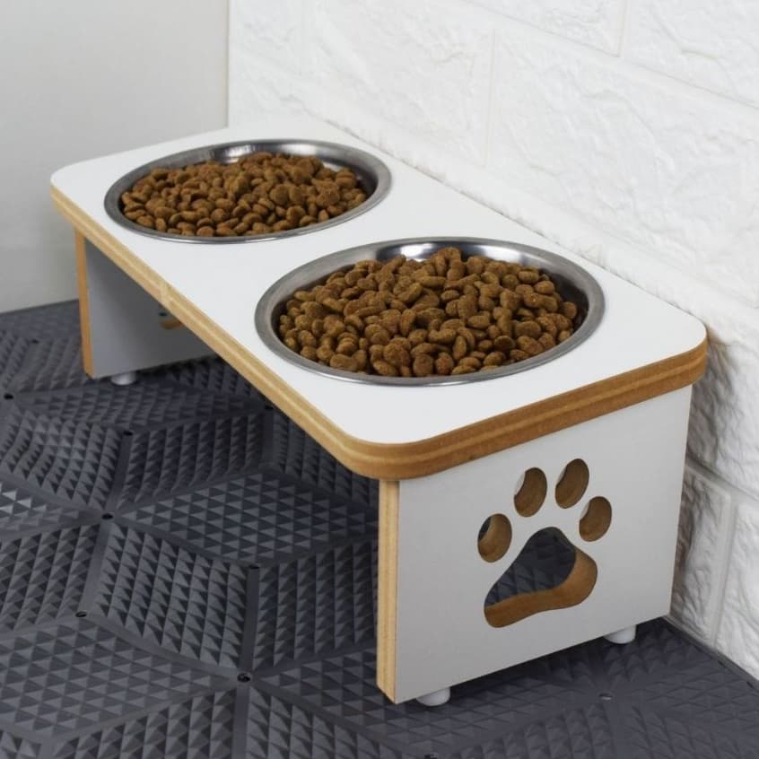 Comedouro Bebedouro PET Duplo Elevado Cachorro MDF Tigela Inox 300ml modelo Tradicional - cor Branco