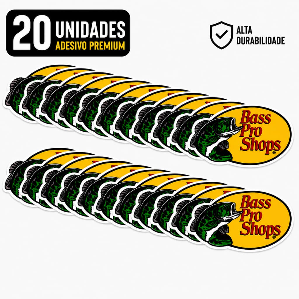 Kit 20 Adesivos Bass Pro Shops Premium Vinil Laminado Pesca Camping