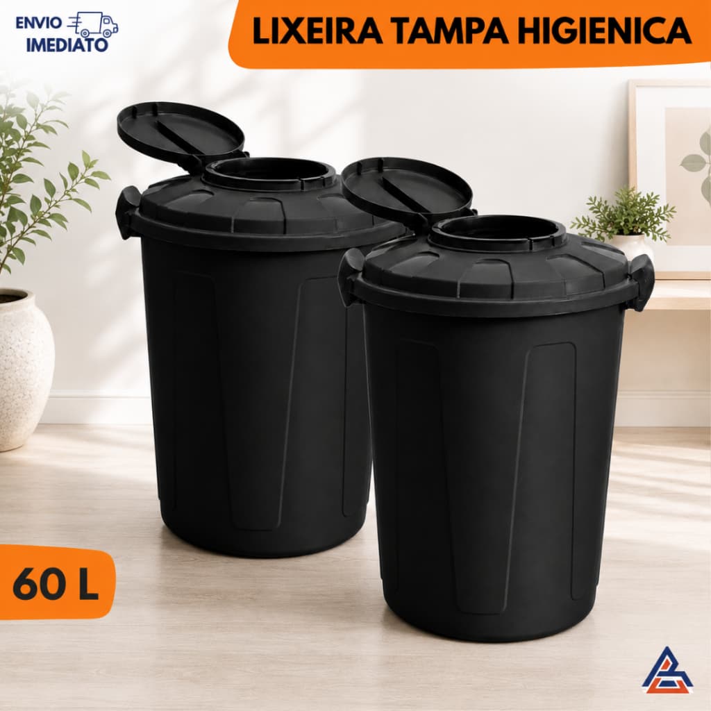 2 Unidades Lixeira Cesto 60 Litros multiuso Tampa trava higiênica Prédio Edifícios Coleta Seletiva