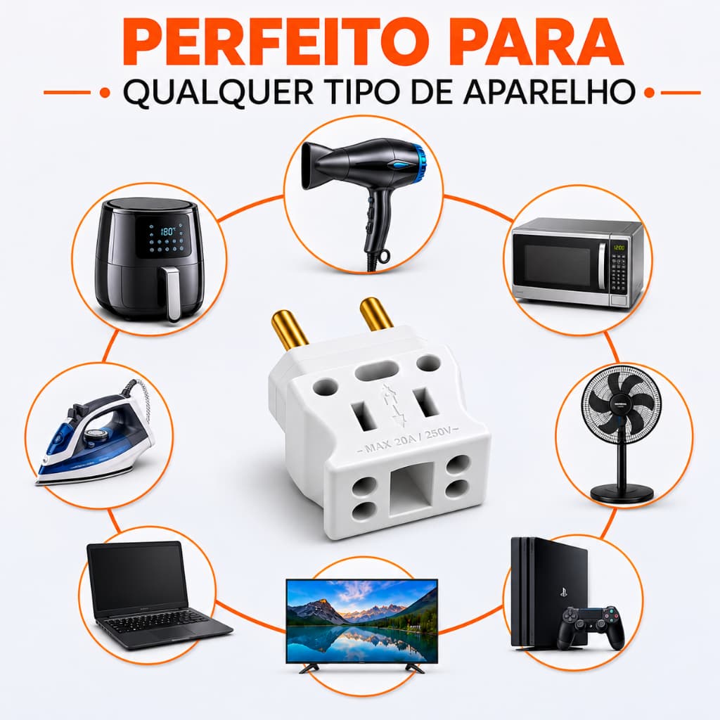 Adaptador Resistente Forno Eletrico Secador De Cabelo Air Fryer Microondas Pino Grosso 20A 10A