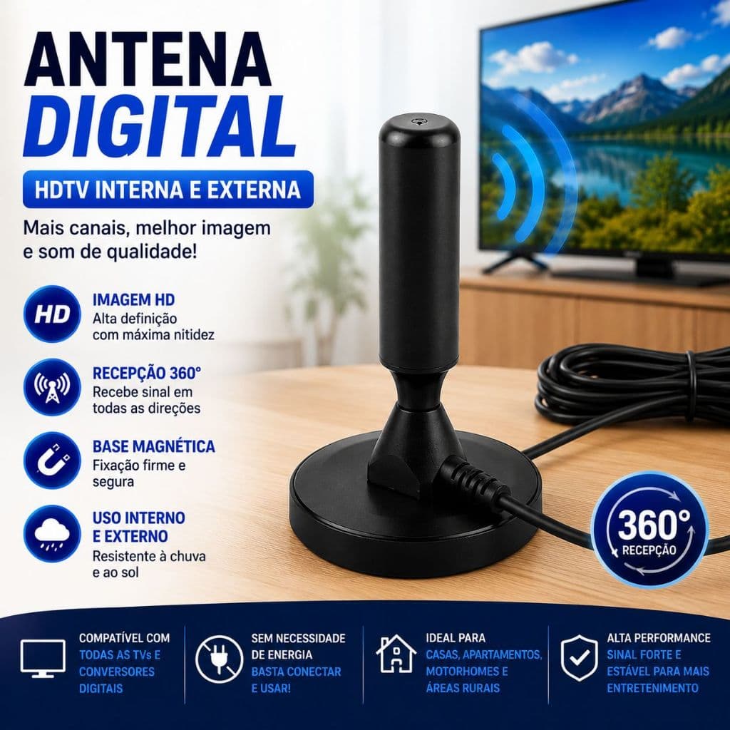 Antena Digital HDTV Interna e Externa 360° Base Magnética | 5m Cabo | À Prova d’Água TV e Conversor