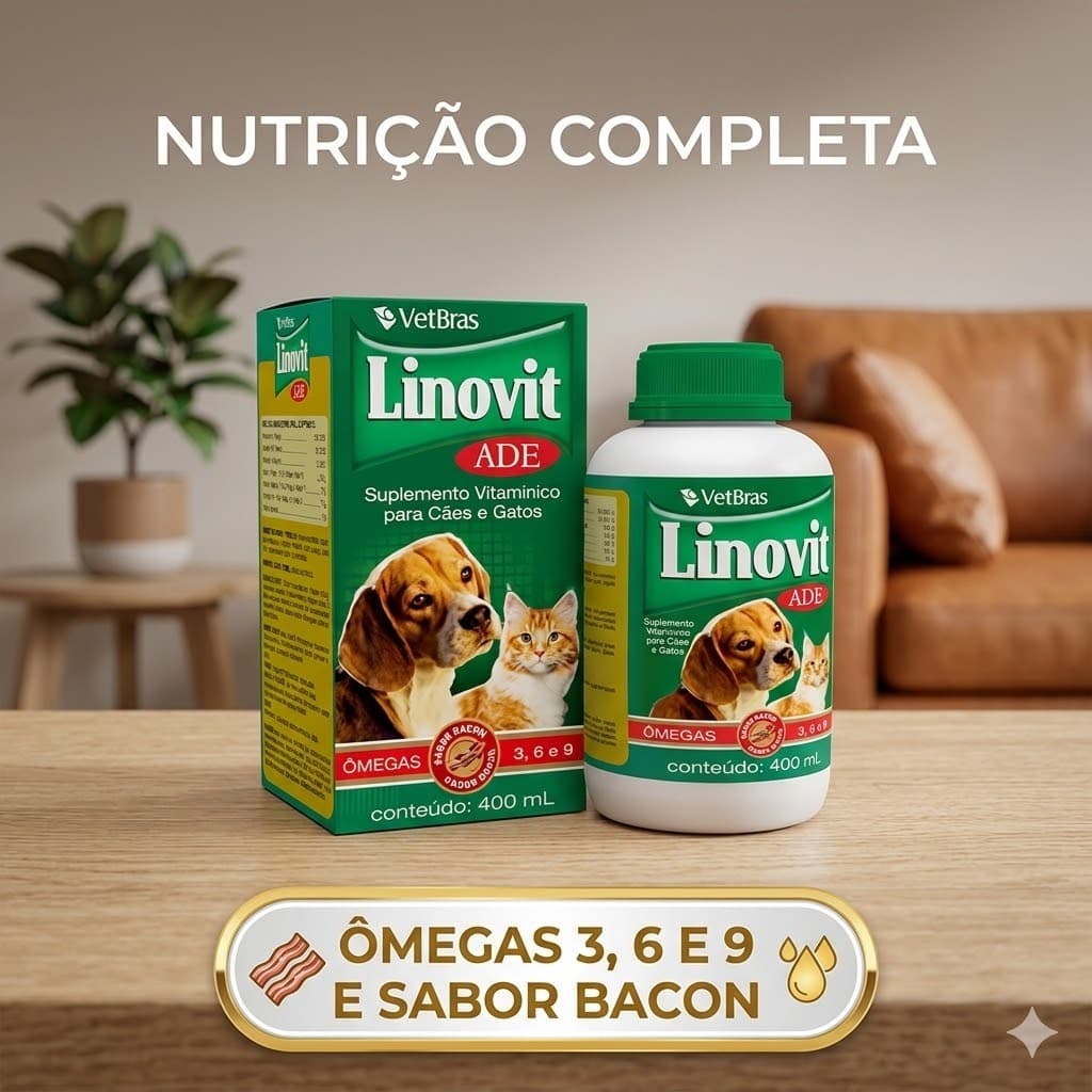 Linovit ADE Suplemento Vitaminico Cães e Gatos 400ml saúde da pele brilho de pelos