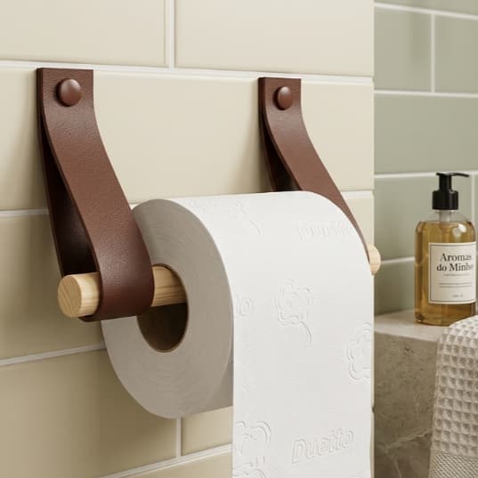 Suporte Porta Papel Higiênico Minimalista Decoração Couro e Madeira Banheiro Rústico | Casa Madêco