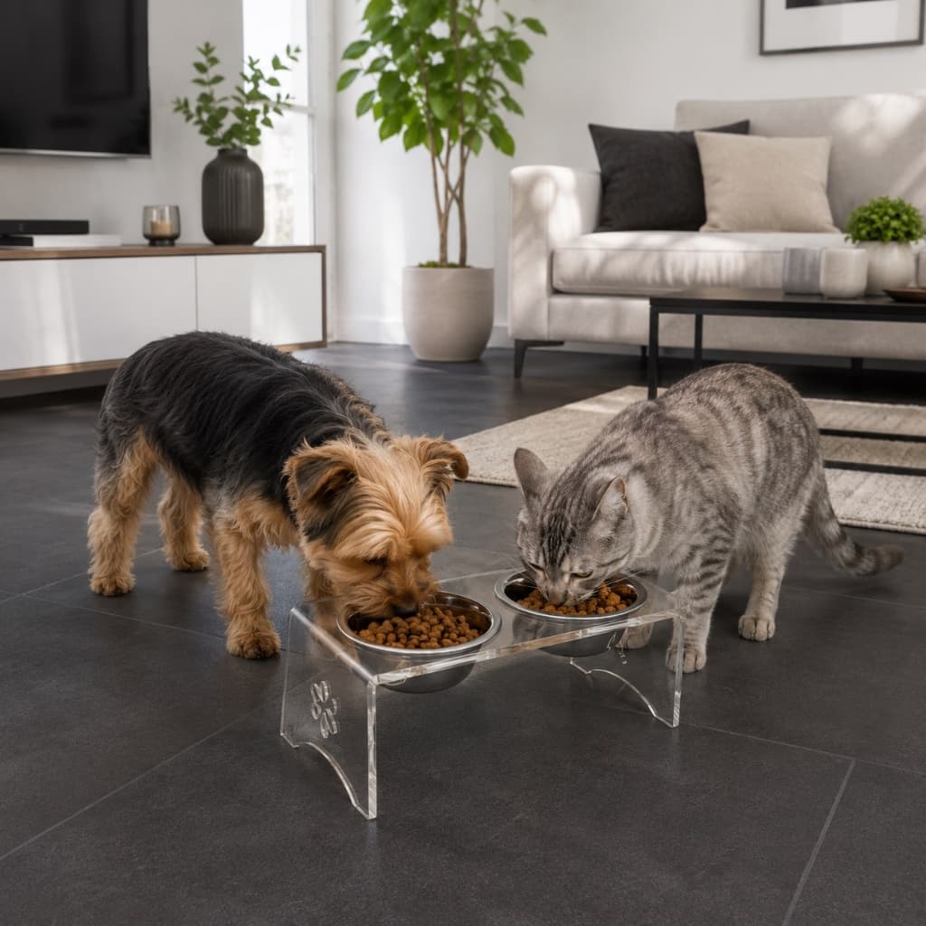 Comedouro e Bebedouro Elevado Pet Acrílico com Tigelas Inox Para Cachorro e Gato Pet