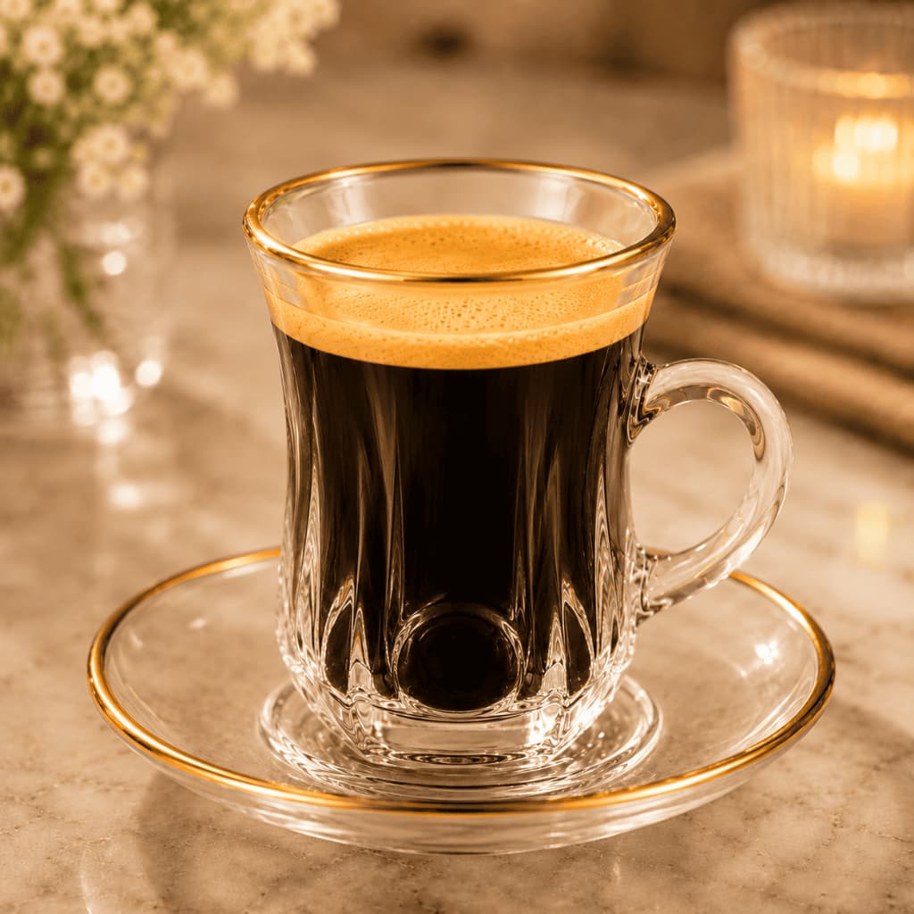 Jogo 6 Xícaras de Café Vidro 85ml com Pires e Borda Dourada Mesa Posta