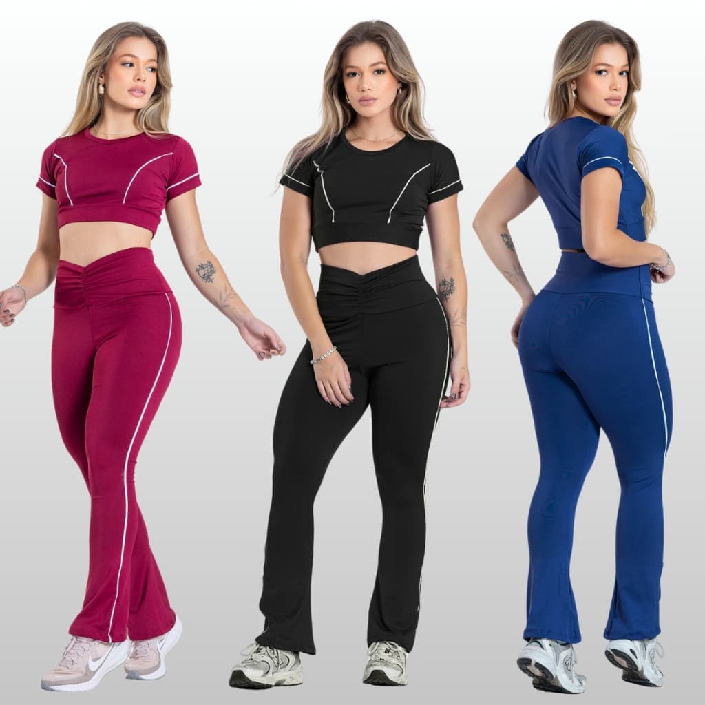Conjunto Fitness Cropped Manga Curta e Calça Flare Moda Fitness