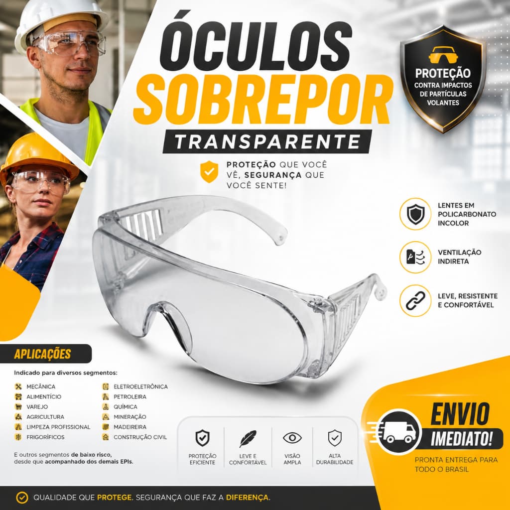 3 Unidades Óculos De Proteção Epi P/ Sobrepor Outro Óculos Construção Civil O Mais resistente do Mercado
