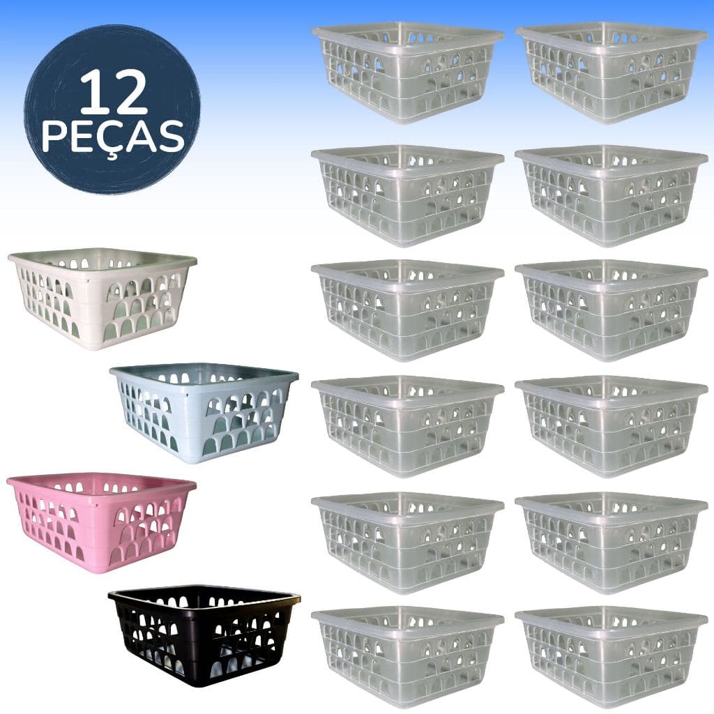Cesto Organizador Kit 12 Peças 16x12x6cm Pequeno Branco Azul Transparente Rosa Preto Gaveta Comoda