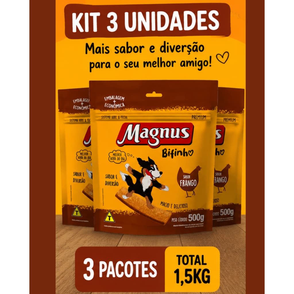 KIT 3 UNIDADES MAGNUS BIFINHO SABOR FRANGO 500G PARA CÃES ADULTOS – TOTAL 1,5KG