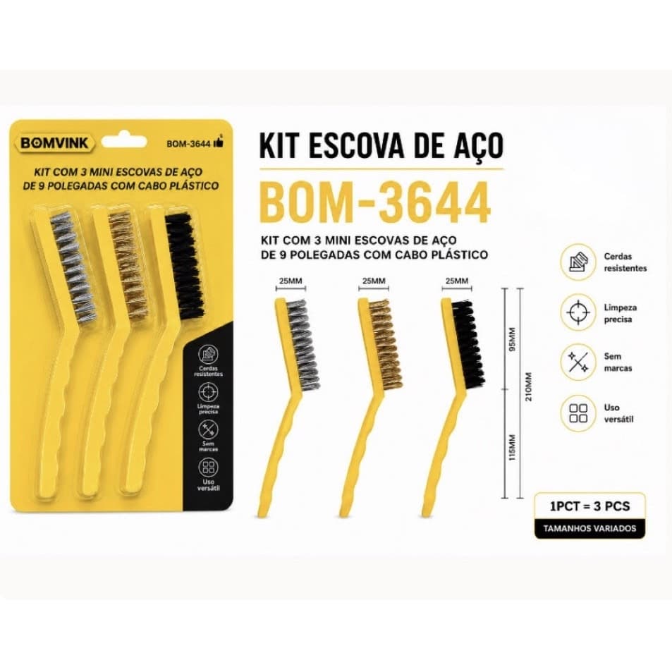 Kit 3 Escovas de Limpeza Aço Inox Latão Nylon Multiuso Ferramentas Oficina Casa