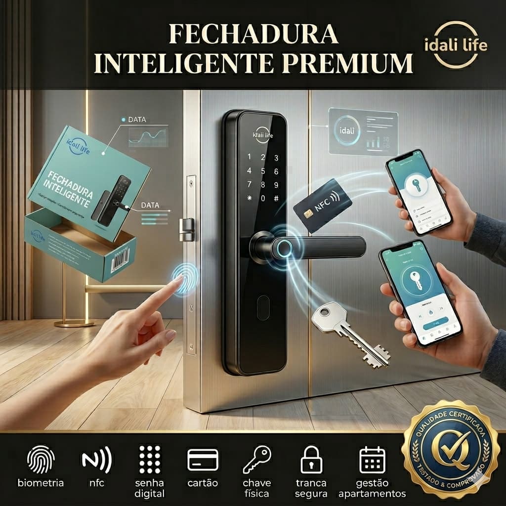 Fechadura Digital Inteligente IDL-FCN003 com Biometria, Senha, Cartão NFC e Chave Segurança Conexão Tuya