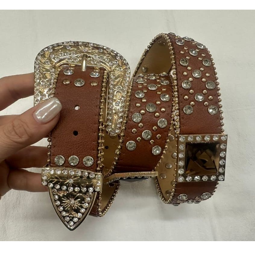 Cinto Feminino Fivela Quadrada Country Strass Brilho Prata Preto Pedraria