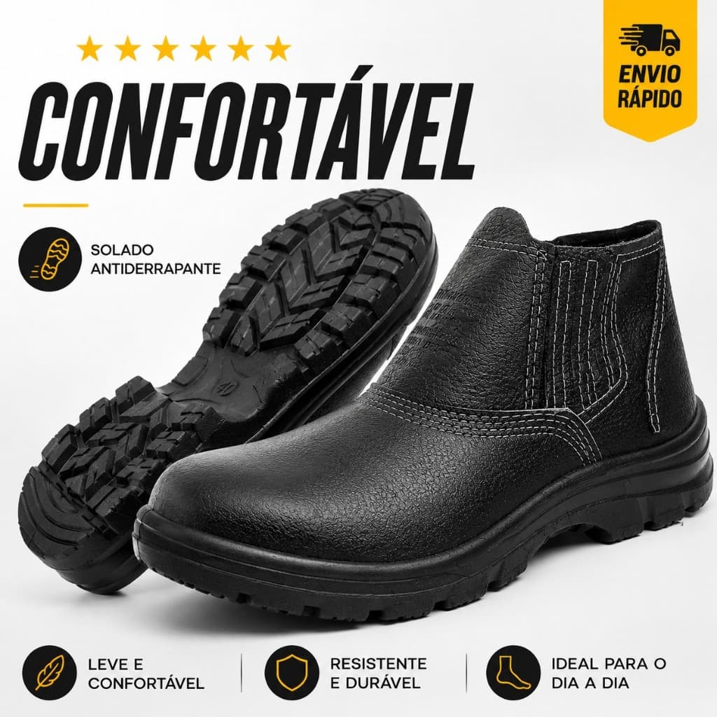 Bota Botina de Segurança Couro Antiderrapante Confortável EPI Trabalho Profissional ENVIO RÁPIDO