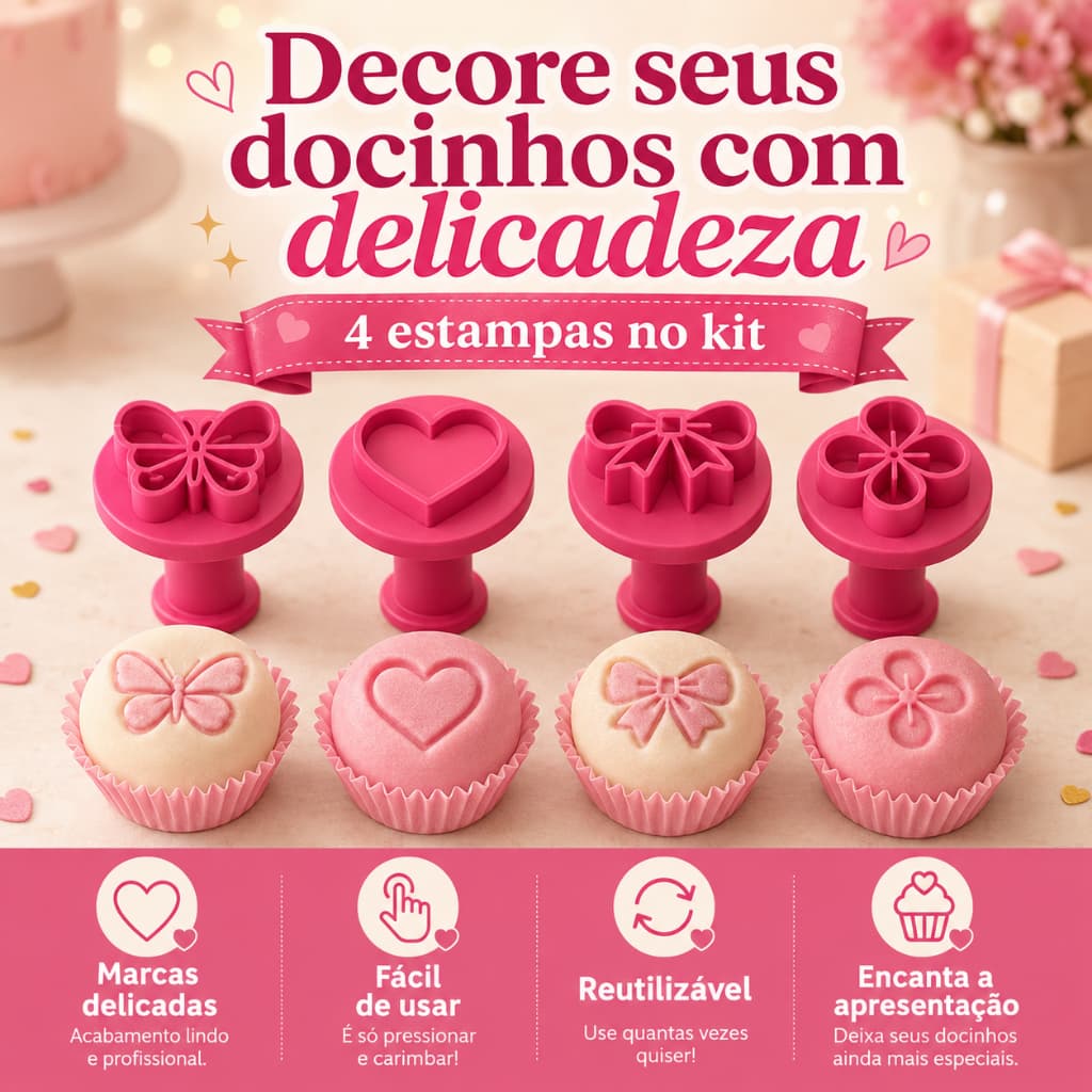 Kit 4 Carimbos Para Docinhos Borboleta Coração Laço Flor Brigadeiro Festa