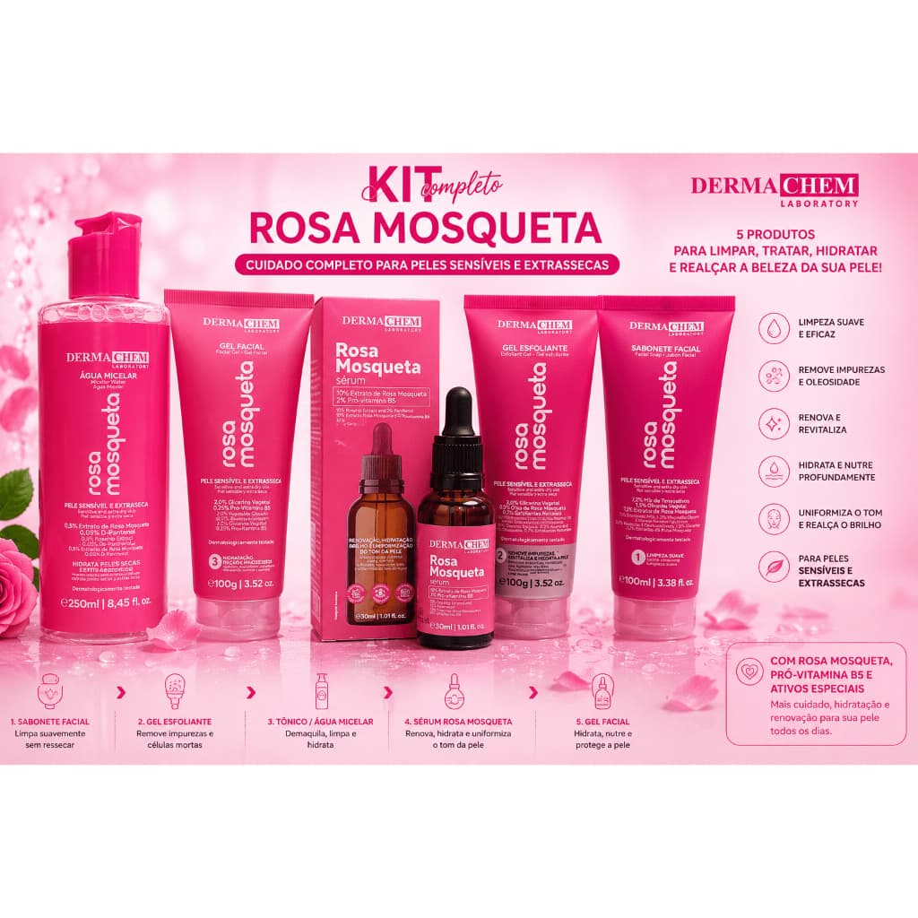 Kit Skincare Rosa Mosqueta 5 Itens Esfoliante Água Micelar Sabonete Sérum Gel Facial Dermachem