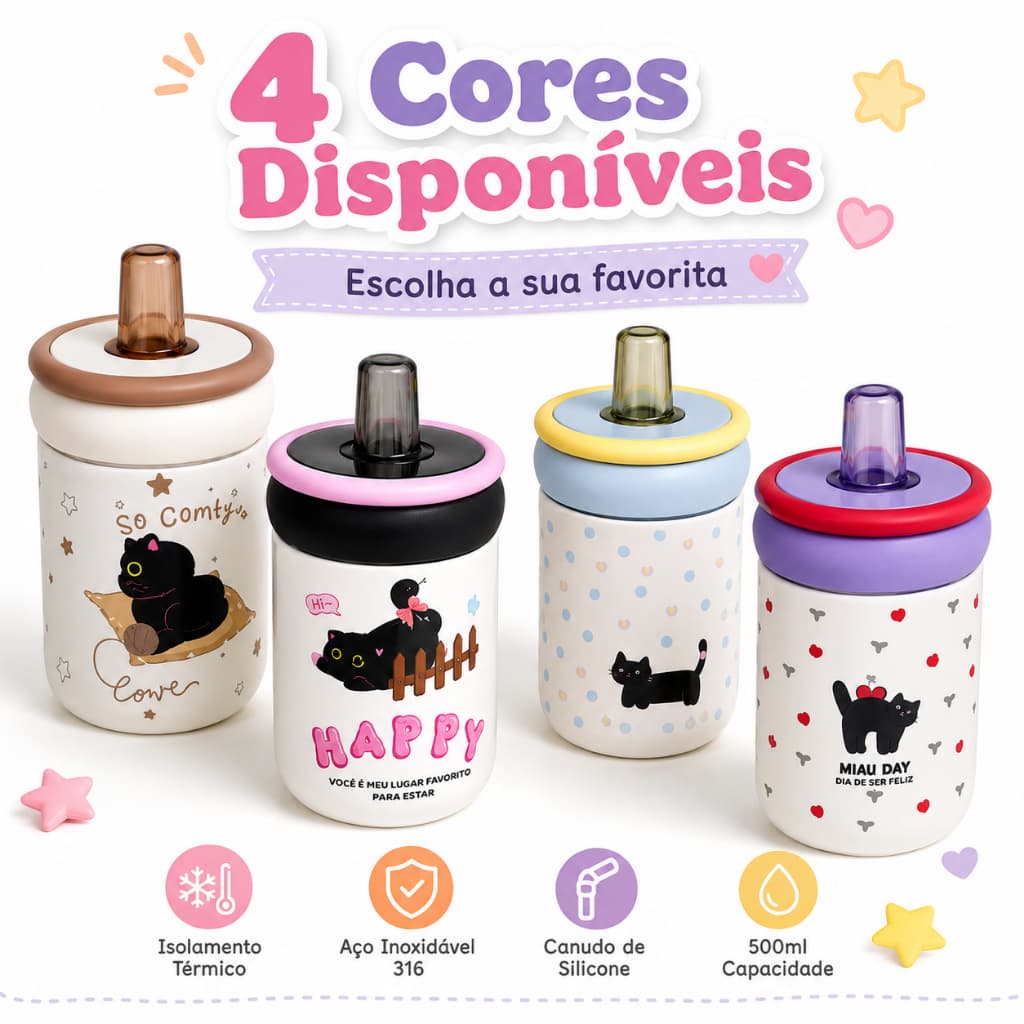 Copo Térmico Infantil 500ml Com Canudo Gatinho Fofo