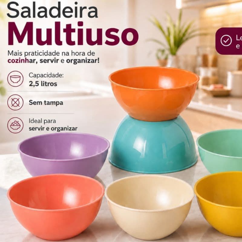 Kit 3 Tigelas de Plástico Multiuso 2,5 litros Saladeira Fruteira e Mistura Massa para Cozinha