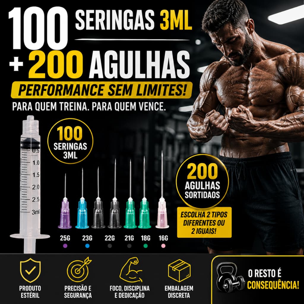 100 Seringas 3 ml com 200 Agulhas a sua escolha podendo escolher entre 20x55 / 25x7 / 25x6 / 25x8 / 30x7 / 30x8 / 40x12