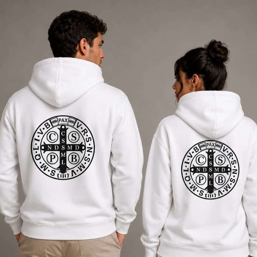 KIT CASAL BLUSA DE FRIO MOLETOM MEDALHA SÃO BENTO CANGURU COM CAPUZ CASACO QUENTINHO INVERNO