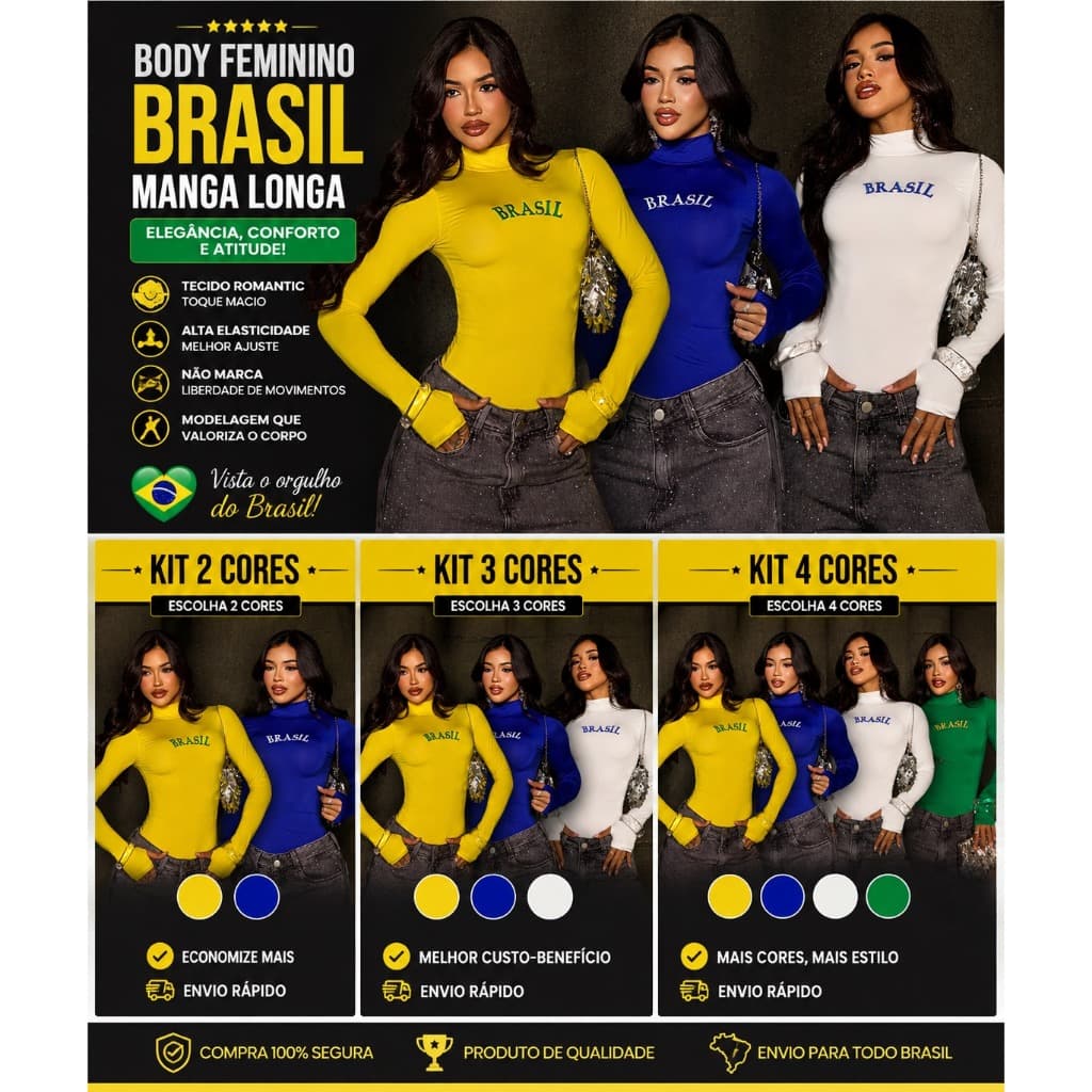 Body Brasil Feminino Manga Longa Gola Alta Estampa Brasil Moda Copa 2026 " Envio Imediato "