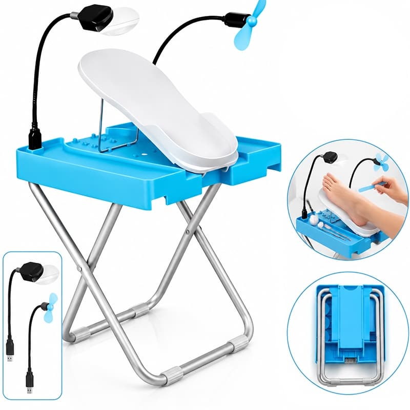 Suporte Pedicure Dobrável com Bacia LED Lupa Ventilador Kit Completo Manicure Pés em Casa Profissional