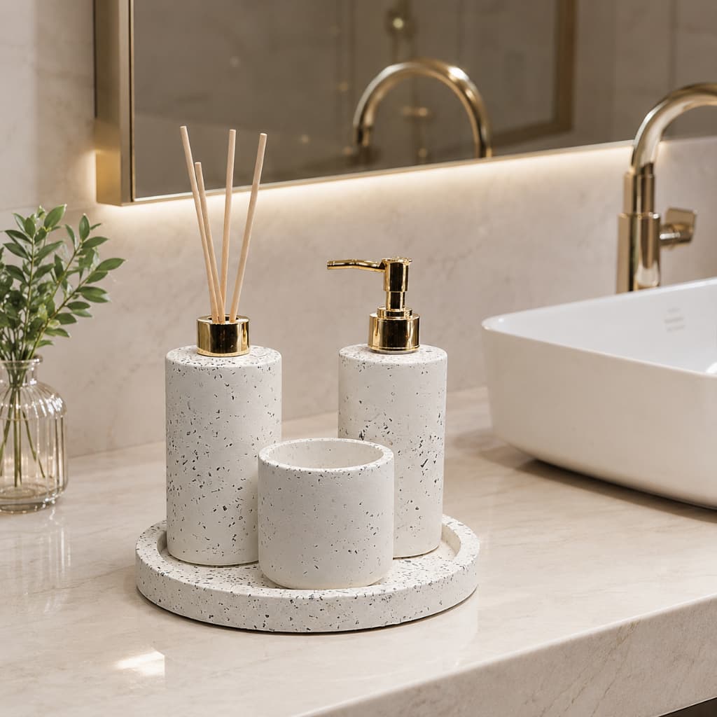 Kit Lavabo Banheiro Com Bandeja Luxo Saboneteira Aromatizador E Porta Cotonetes Artesanal