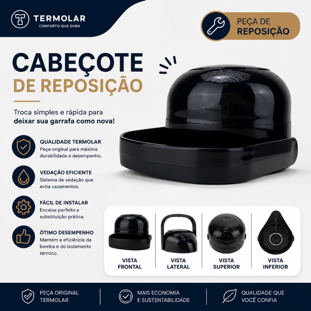 Cabeçote Bomba De Pressão Tampa Garrafa Térmica Termolar - Cor: Preto