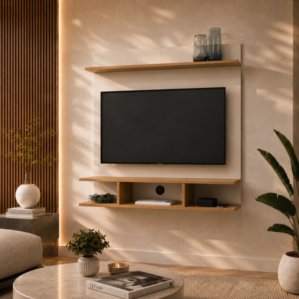 Painel de Tv 32 Polegadas 90x90cm Suspenso Com Nicho e Prateleira para Sala Quarto