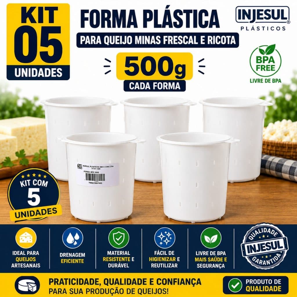 Kit 5 Formas Queijo Minas Frescal Ricota 0,5KG (500g) Injesul