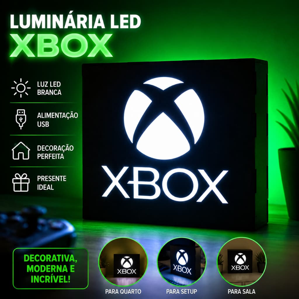 Luminária Gamer Geek Decoração Modelo Icone Xbox Com Led Abajur Luminária