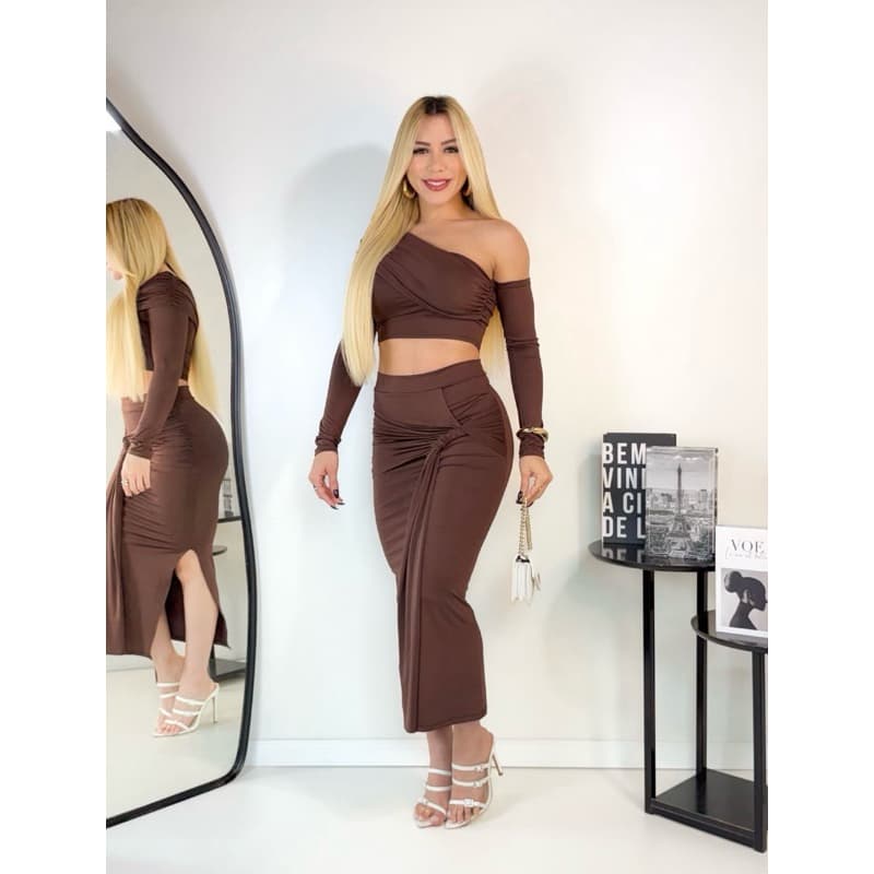 Conjunto Feminino Saia Midi E Cropped Manga Longa Um Ombro Só Gringa Transpassado Blogueira Outono Inverno