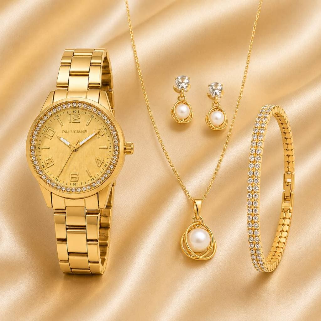 Kit Relógio Feminino Dourado Pallyjane + Colar Brincos e Pulseira Luxo