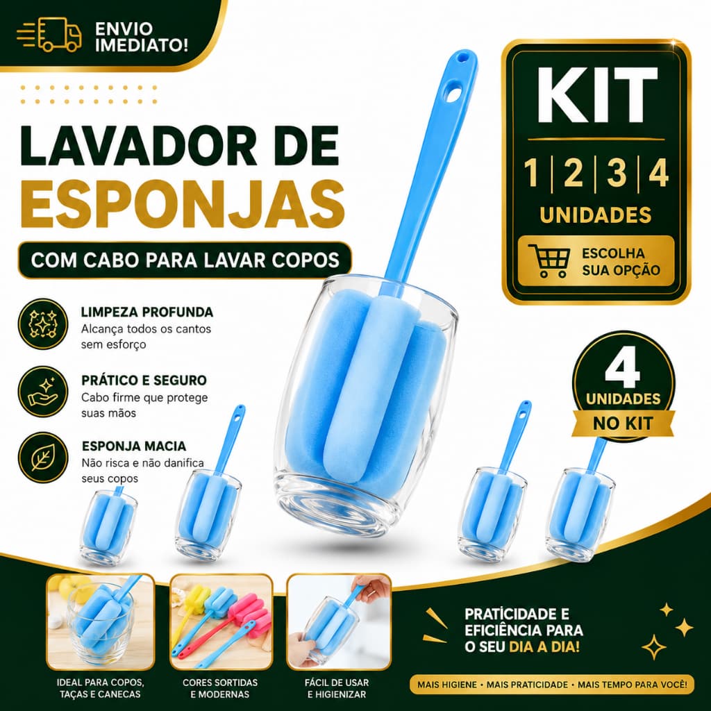 Escova Lava Copos e Taças com Cabo 1/2/3/4 Longo 24cm Limpador de Esponja para Garrafas Copos Canecas Reutilizável
